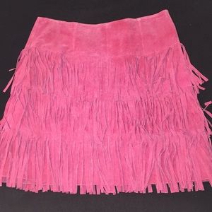 Fun, flirty fringy pink suede mini skirt!
